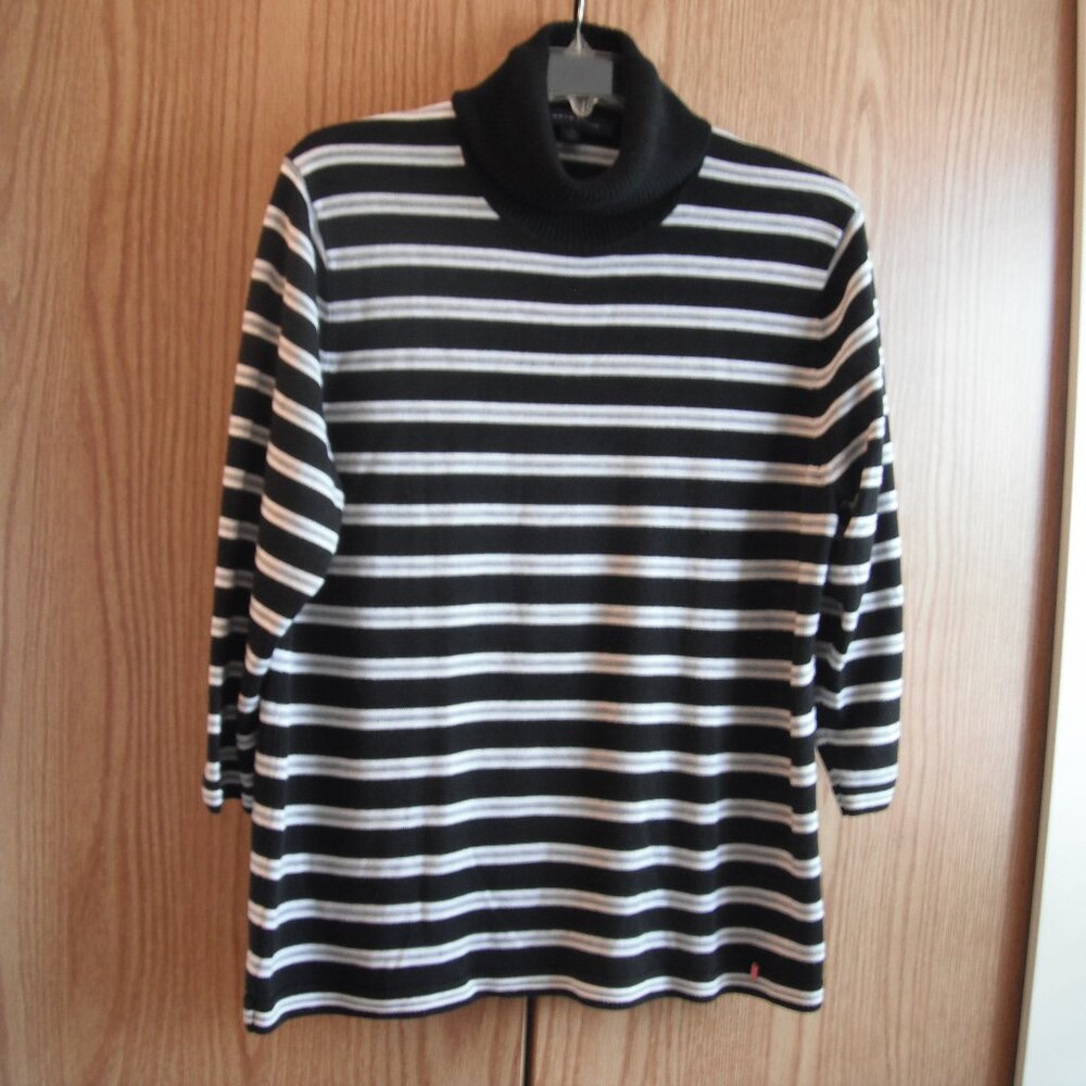 Tommy Hilfiger Women's Black White Gray Striped Knit Turtleneck Sweater Size XL